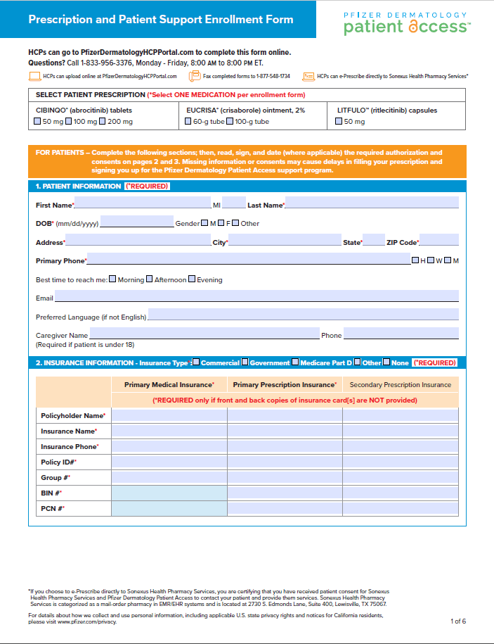 Pfizer Dermatology Patient Access™ enrollment form