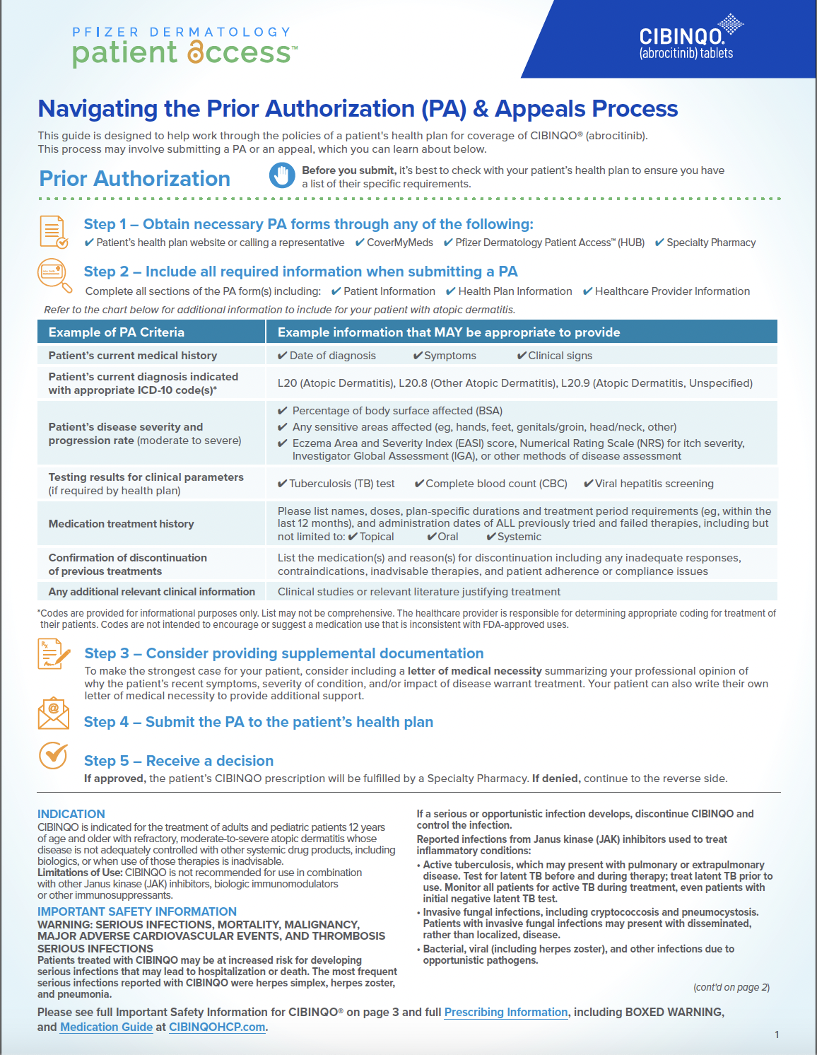 Pfizer Dermatology Patient Access™ prior authorization checklist